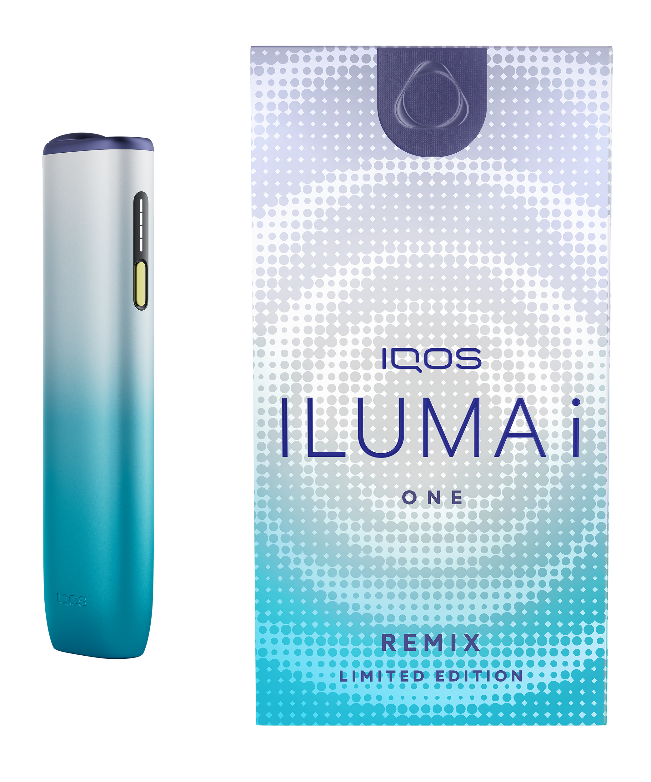 IQOS ILUMA i ONE Remix 是一款一體式電子煙,可連續使用 20 次。機身採用銀色到藍綠色的漸變設計,頂部飾以紫色,控制按鈕則以黃色點綴。