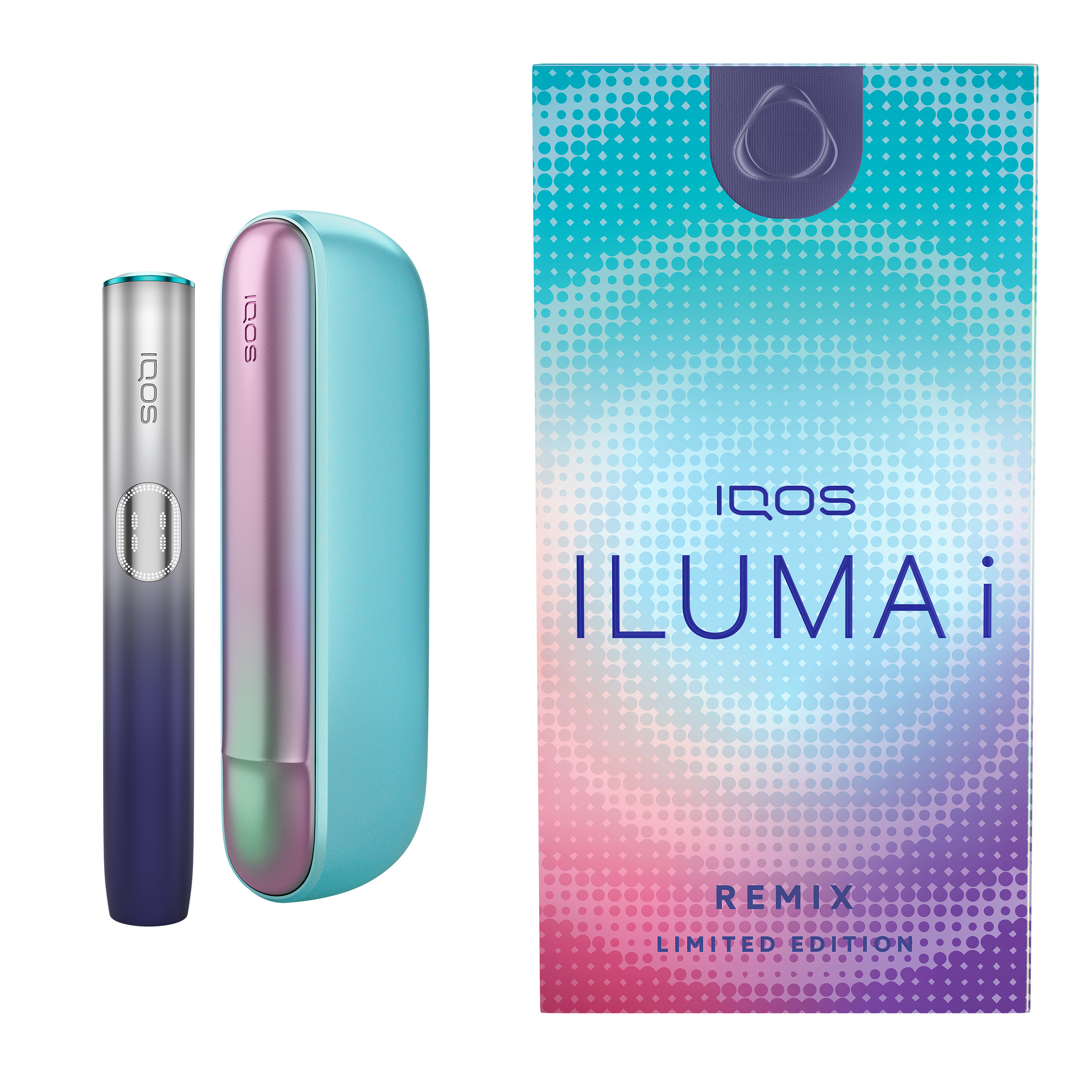 IQOS ILUMA i Remix 型號的霧化器門上採用了金屬漸層色設計,顏色從紫色過渡到綠色。隨著角度和光線的變化,外觀也會隨之改變。煙桿也採用了從銀色到海軍藍的漸層設計,突顯了色彩對比。
